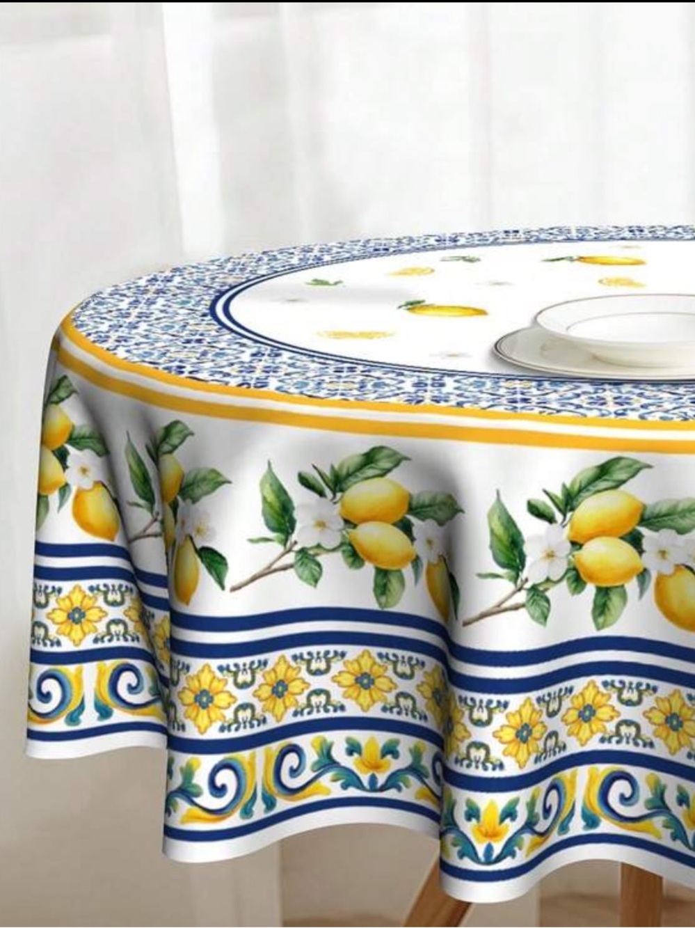 Lemon Print Round Tablecloth in White, Yellow & Blue